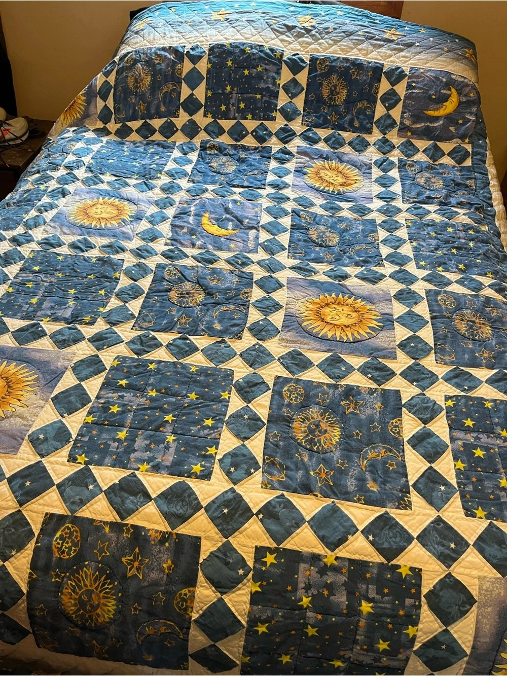 Celestial Sun & Moon Blue Patchwork Quilt Queen Size 86x94 handmade no tag/maker